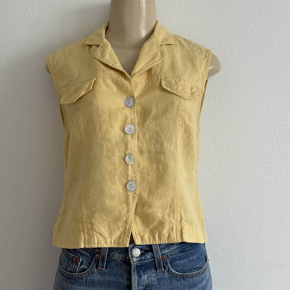 90s VTG Coastal Grandmother Carol Anderson Yellow Linen Vest Cottage Core Breezy